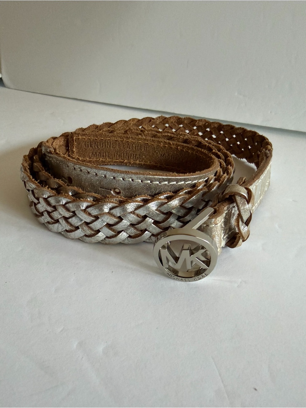 Michael Kors Braided Leather Belt in Metallic Silver and Brown